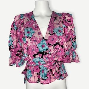 NWT WAYF Floral Wrap Ruffle Blouse Shirt Pink Top